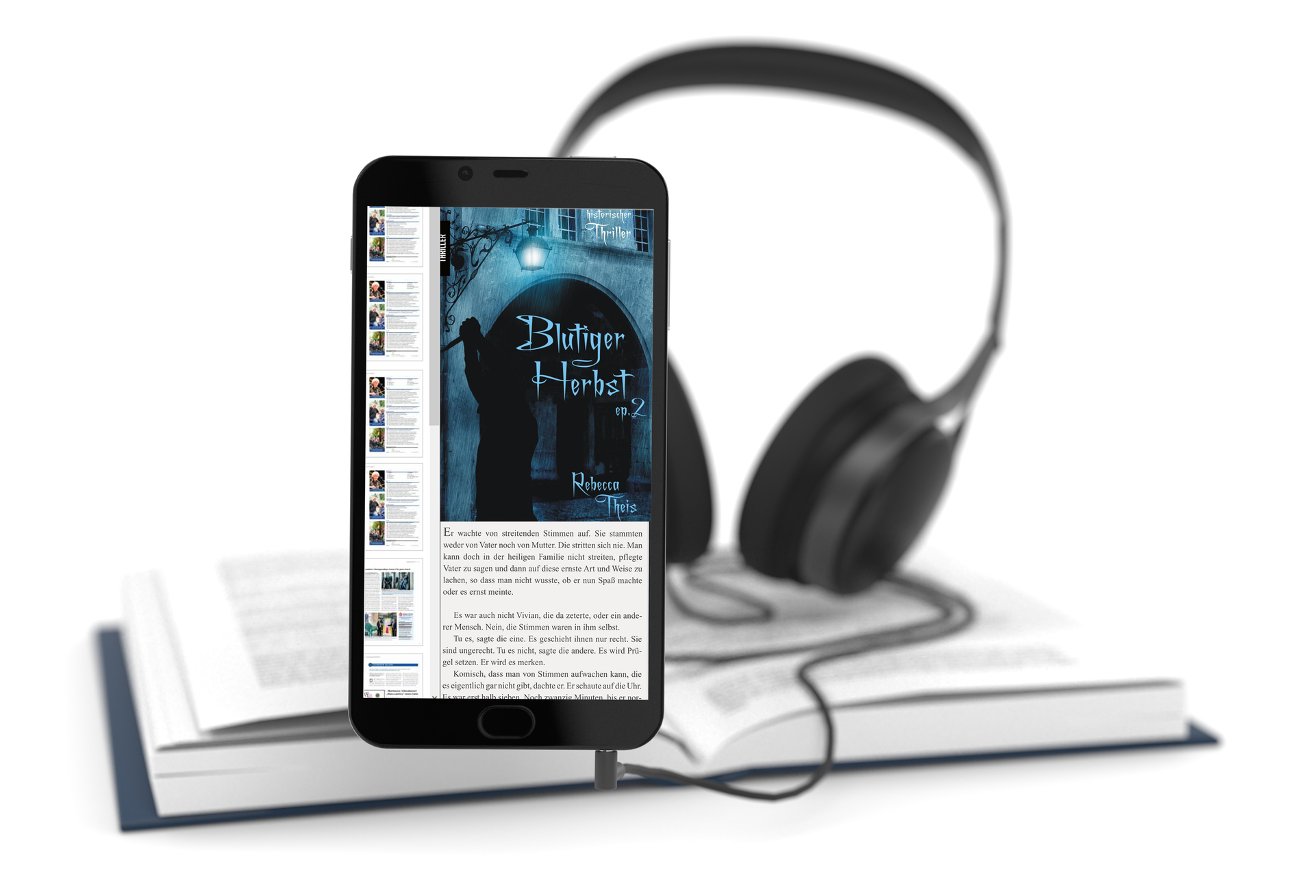 Bild: Smartphone und Kopfhörer. Auf dem Display wird ein Buch angezeigt. Bild: Smartphone und Kopfhörer. Auf dem Display wird ein Buch angezeigt.
