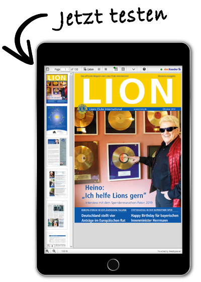 Bild: ein Tablet mit dem Titelcover einer LION-Ausgabe – Link leitet auf Seite weiter