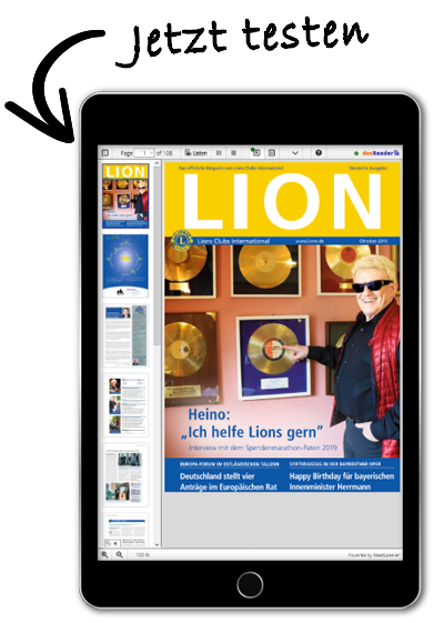 Bild: Ein Tablet mit dem Titelcover einer LION-Ausgabe – Link leitet auf Seite weiter Bild: ein Tablet mit dem Titelcover einer LION-Ausgabe – Link leitet auf Seite weiter