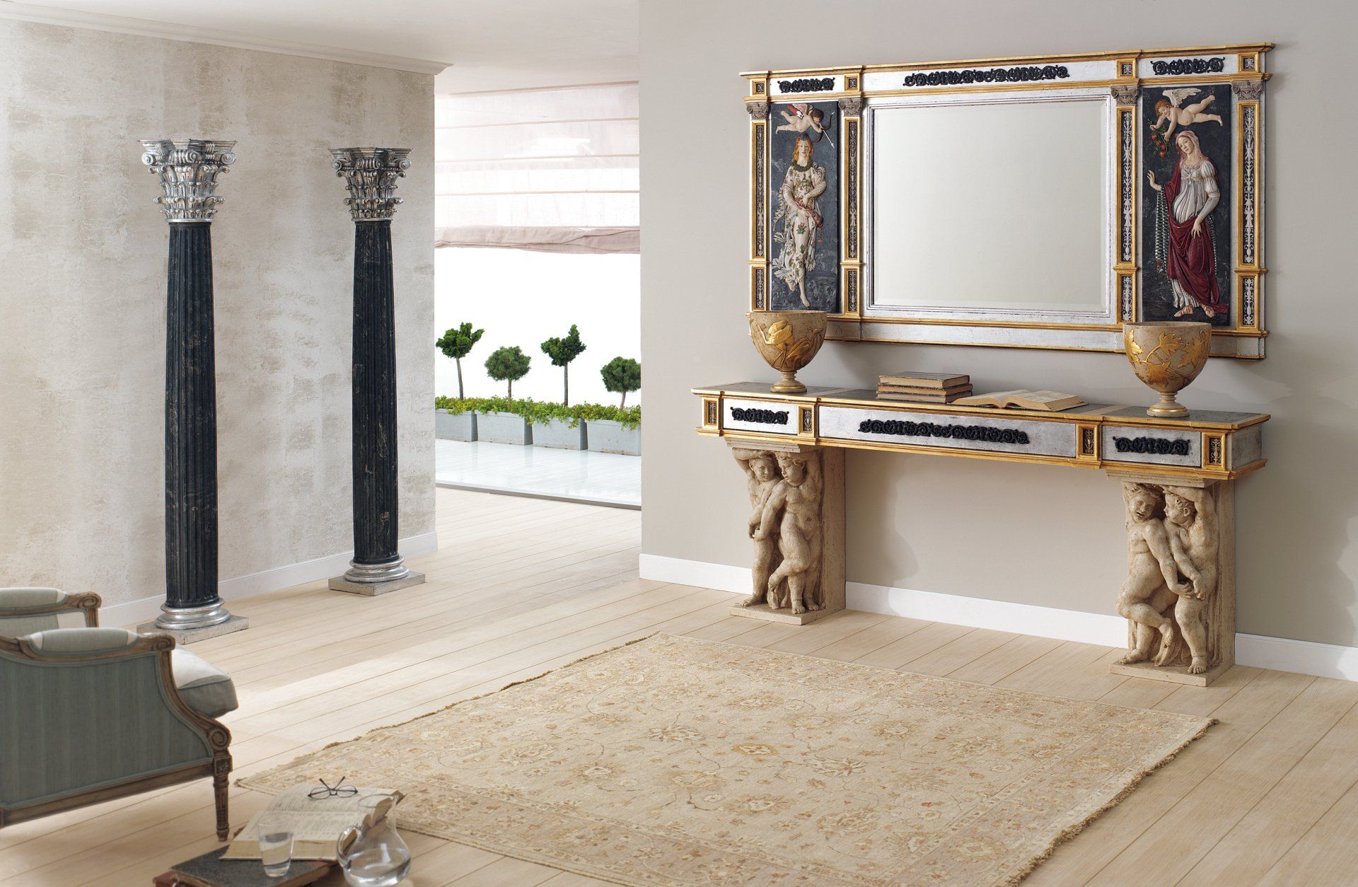 salon con aparador con espejo y dos columnas corintias