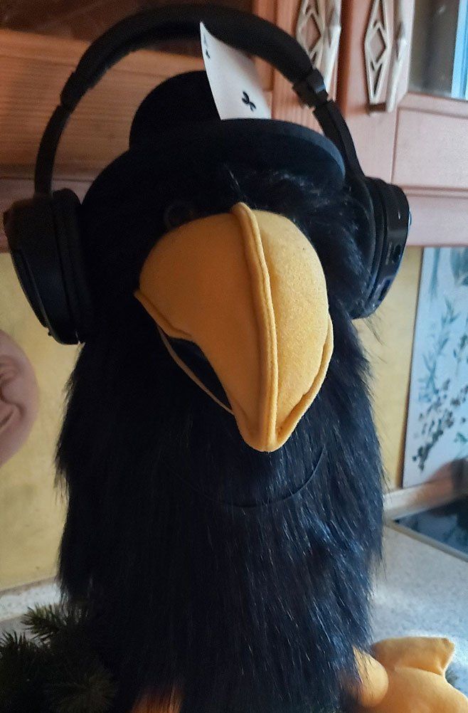 Rabe Marcel mit Kopfhorer Das Weihnachtshaus in Olching Rabe Marcel