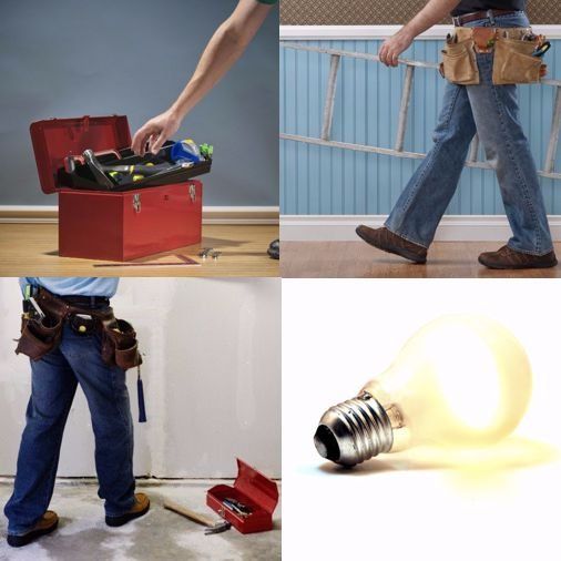 Allgemeine Hausmeistertätigkeiten Werkzeugkiste Handwerker mit Leiter Glühlampe Handwerker