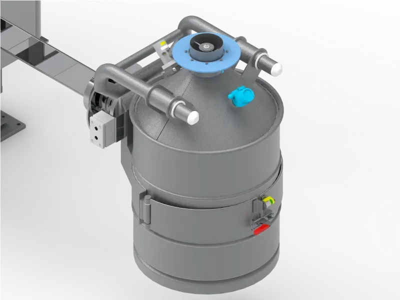 Edelstahl-Fass, Fässer, Hebedrehstation, Heben, Drehen, Produktzufuhr, Affeldt Fördertechnik, lifting-rotating unit