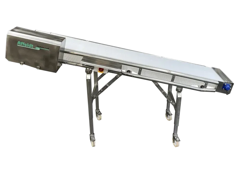 Incline conveyor in hygienic design with food-grade surfaces for easy cleaning – Affeldt Fördertechnik