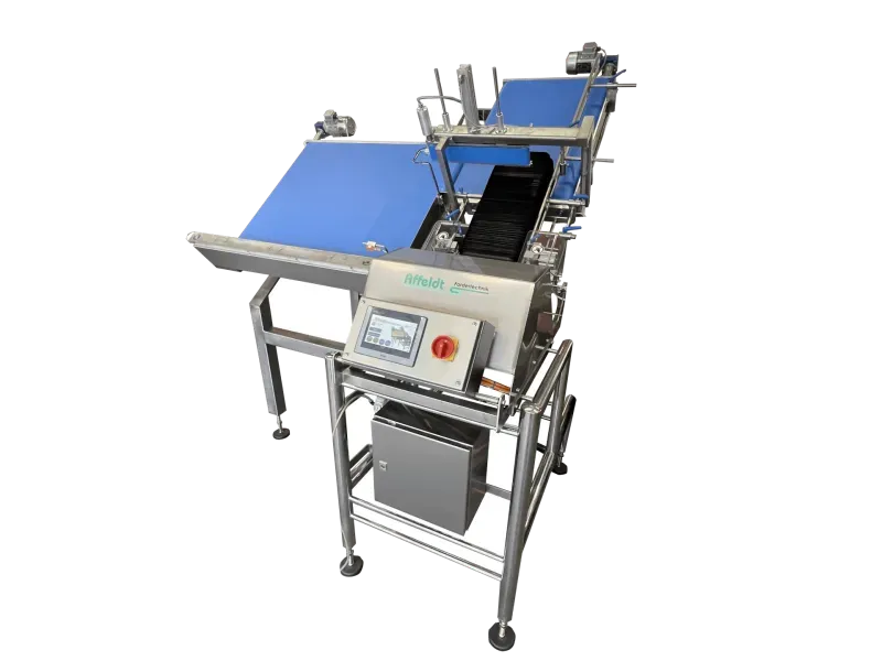 High-performance tray denester Type S03, optionally with magazine for extended refill intervals – Affeldt Fördertechnik
