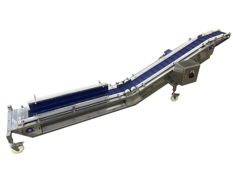 Stainless steel Z-conveyor with adjustable incline for the food industry – Affeldt Fördertechnik
