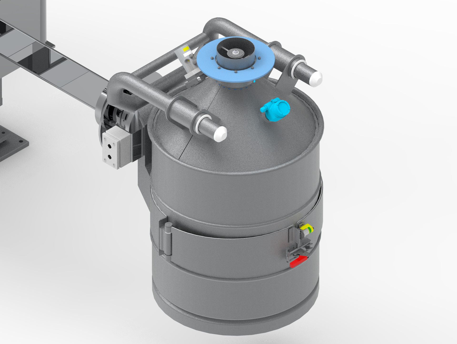 Edelstahl-Fass, Fässer, Hebedrehstation, Heben, Drehen, Produktzufuhr, Affeldt Fördertechnik, lifting-rotating unit