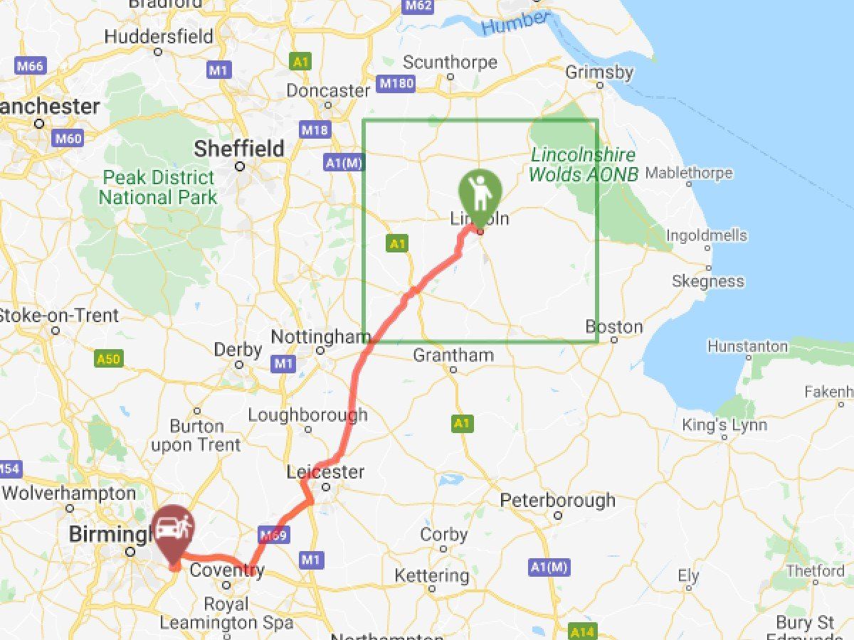 lincoln to birmingham airport route on map