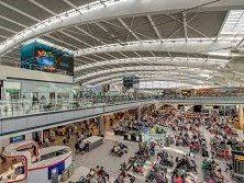 looking down into one of heathrow airports terminals at the people inside