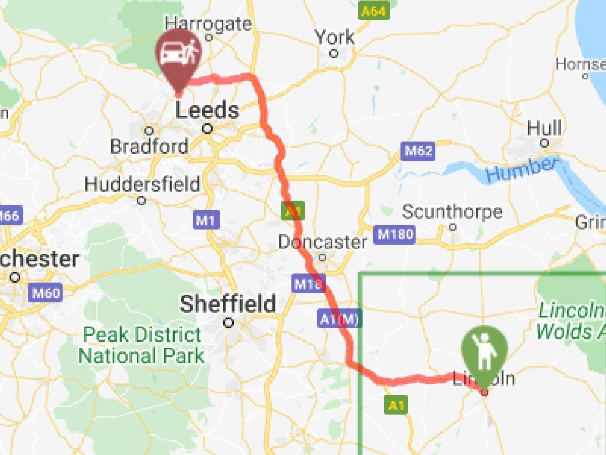 lincoln to leeds bradford airport route on map