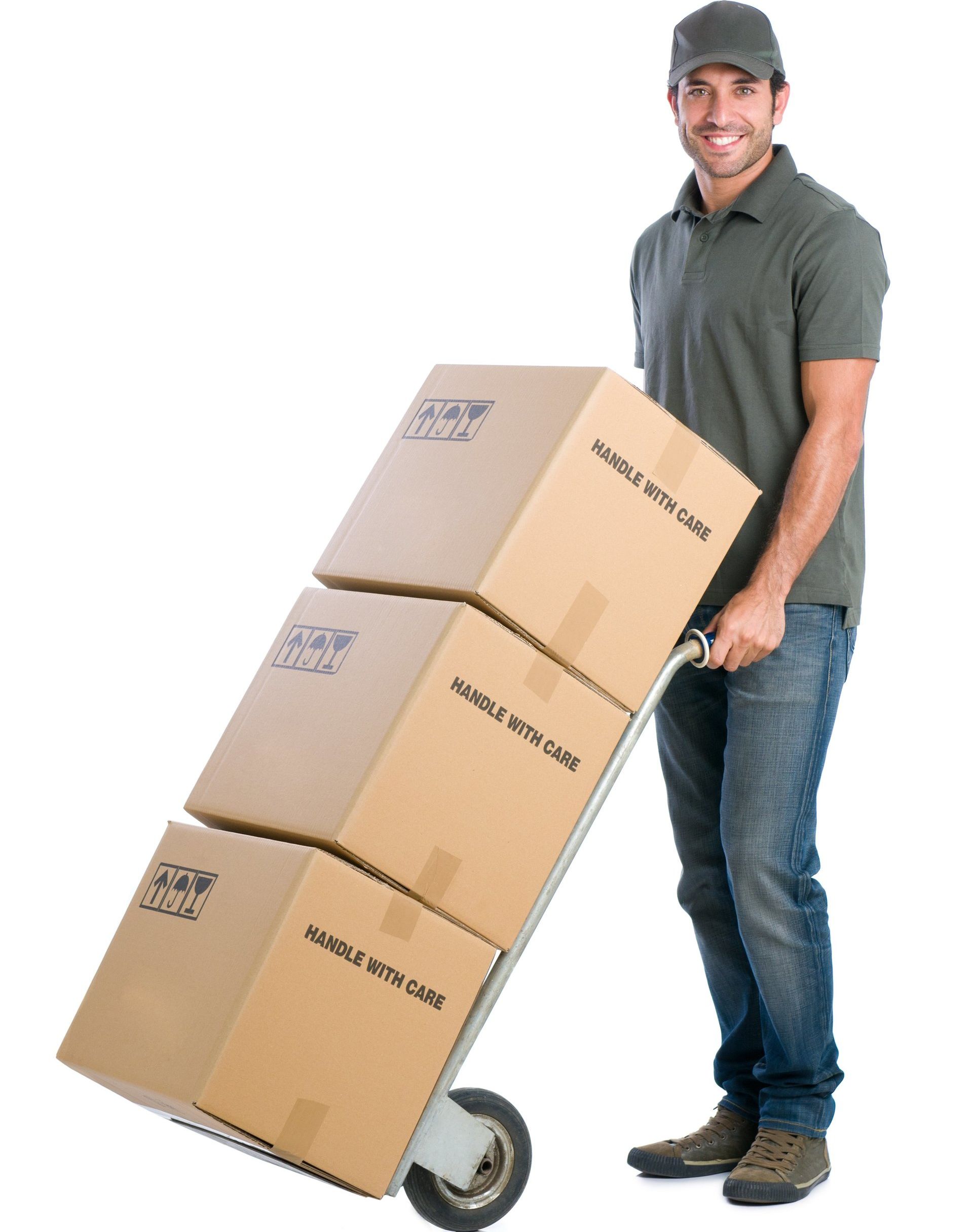 Lager & Logistik Mann mit einer mit Kartons beladener Sackkarre bei der Arbeit.