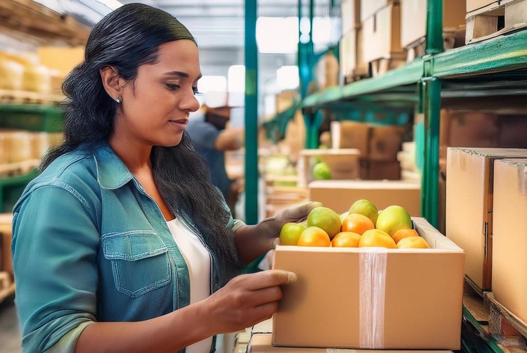Kommissionierer Mitarbeiterin beim verpacken von Früchten in Kartons für den Transport.