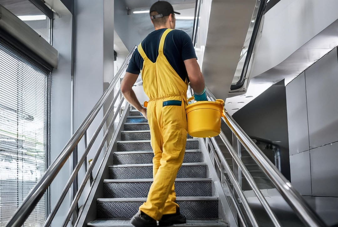 Treppenhausreinigung Männliches Reinigungspersonal beim reinigen des Treppenhauses.