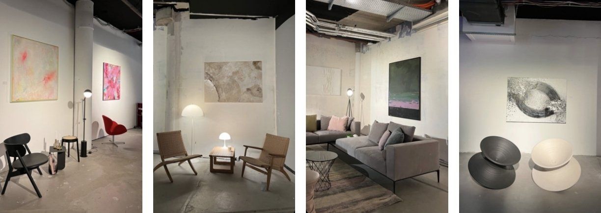 Curated exhibition interior featuring artworks by Maren Maggiore