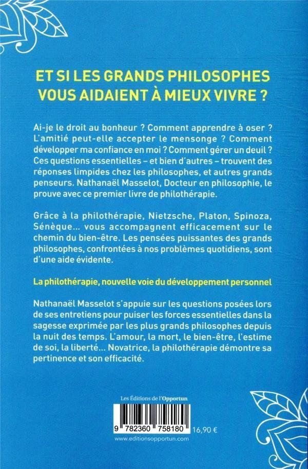 Philothérapie-livre-développement personnel-philosophie-Nathanaël Masselot-couverture-jaune-bleu-lettres-nouvelle voie Philothérapie-livre-développement personnel-philosophie-Nathanaël Masselot