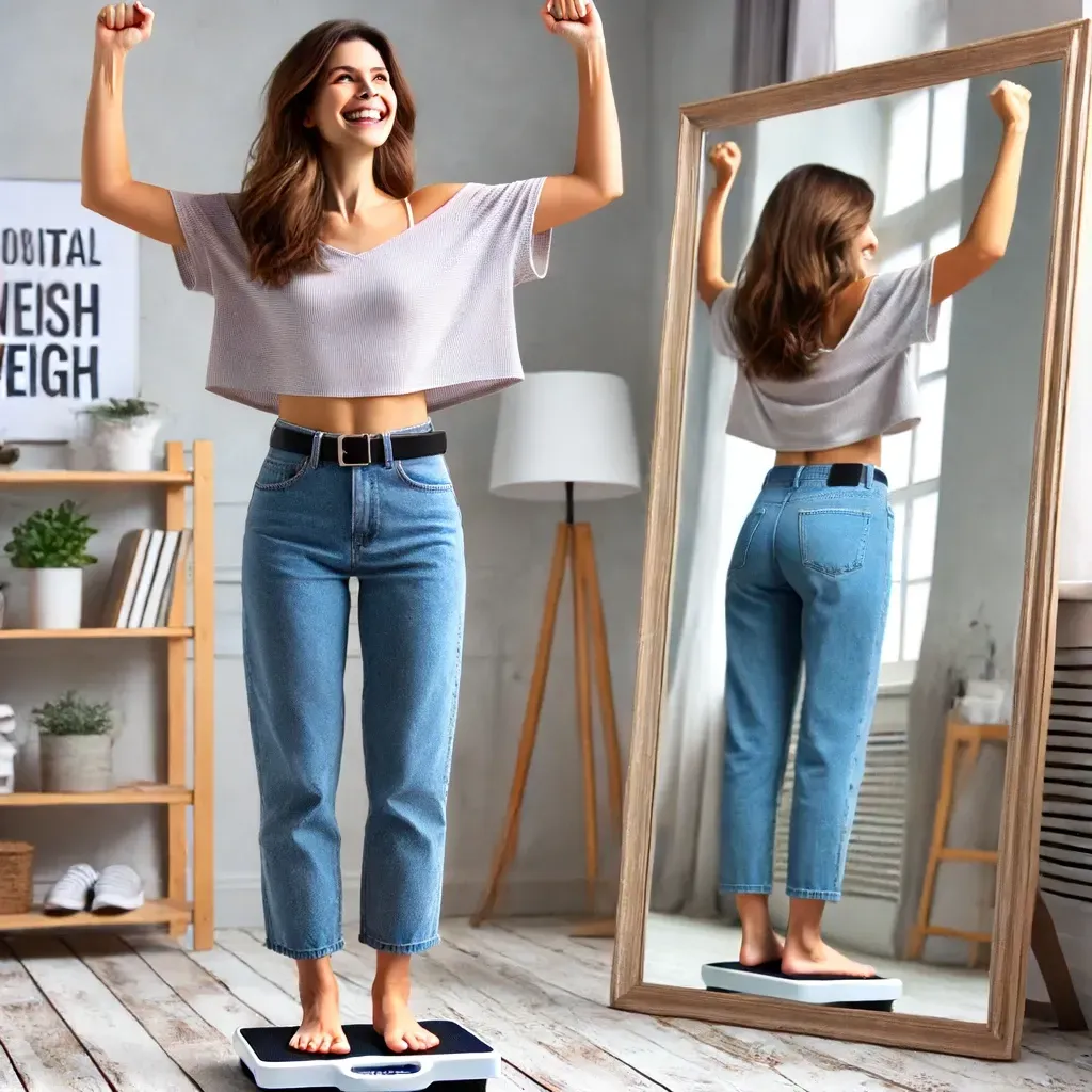 Erreiche endlich Deine Ziele  Frau steht auf einer Waage und freut sich über ihren Gewichtsverlust