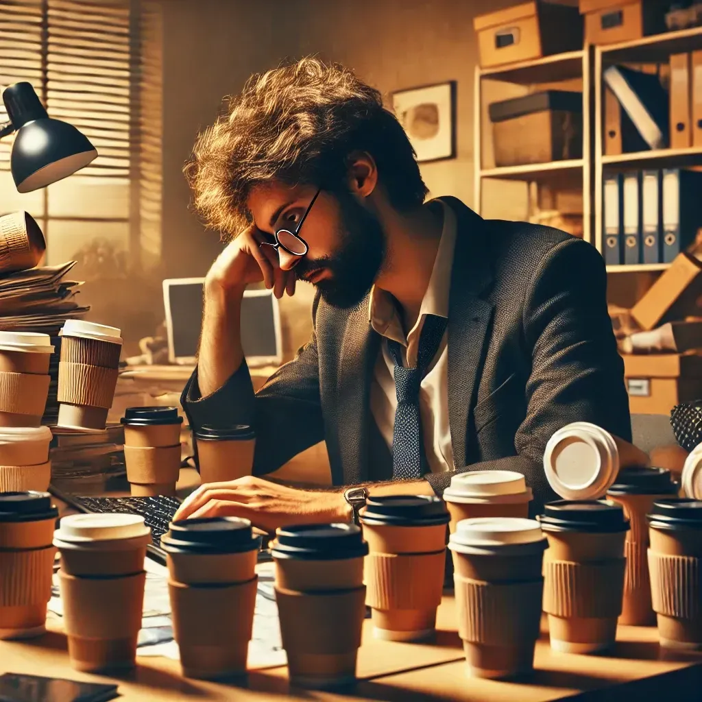 Nutze den Bildungsurlaub Mann trinkt viel Kaffee gegen Stress