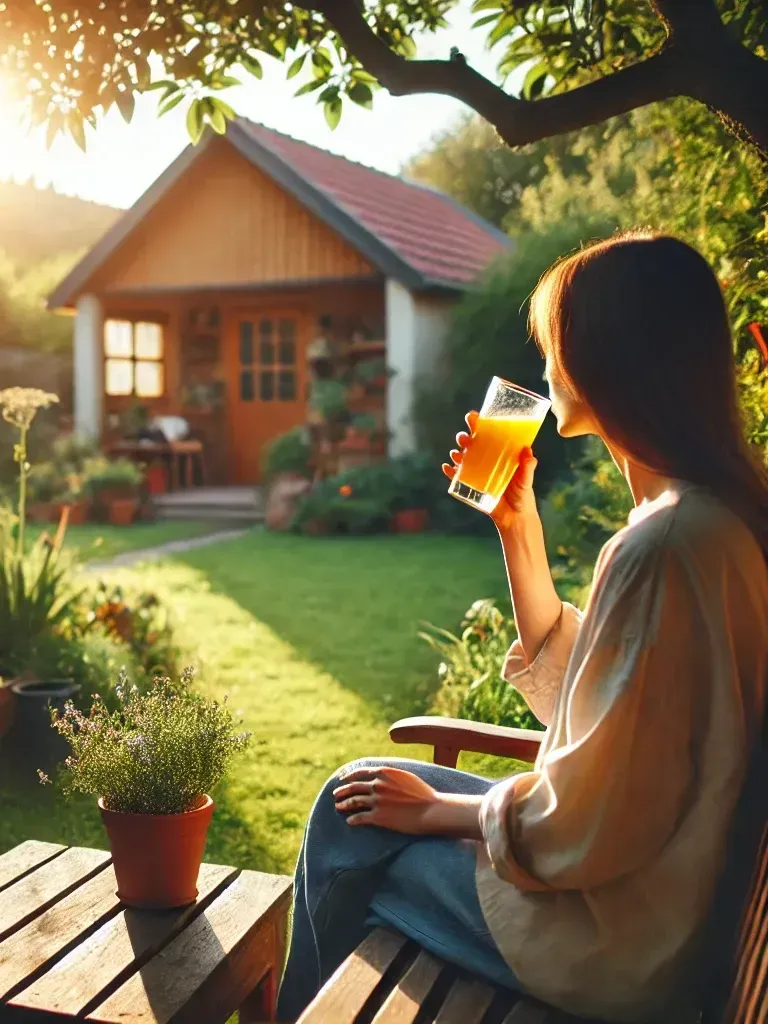 Frau trinkt Orangensaft im Garten