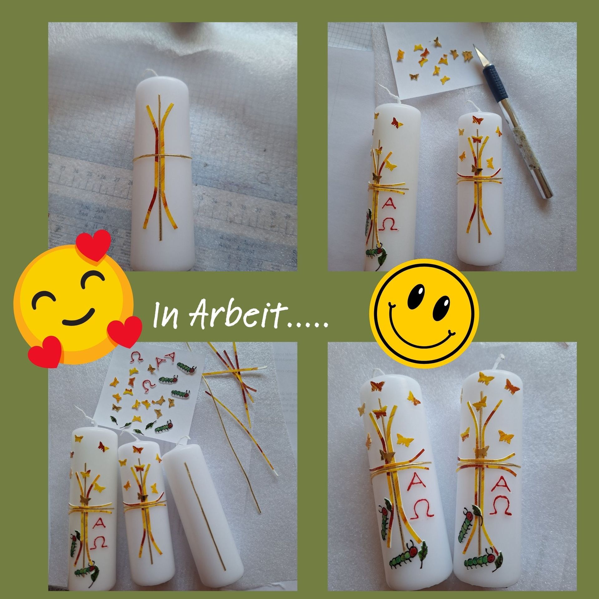 die Osterkerze Raupen im Entstehungsprozess: auf dem 1. Bild ist nur das Kreuz zu sehen, auf dem 2. sind schon die Raupen hinzu gekommen und die Schmetterlinge, 3. zeigt eine festige Kerze und zwei im Entstehen und Bild 4 sind die beiden Kerzen fertig.