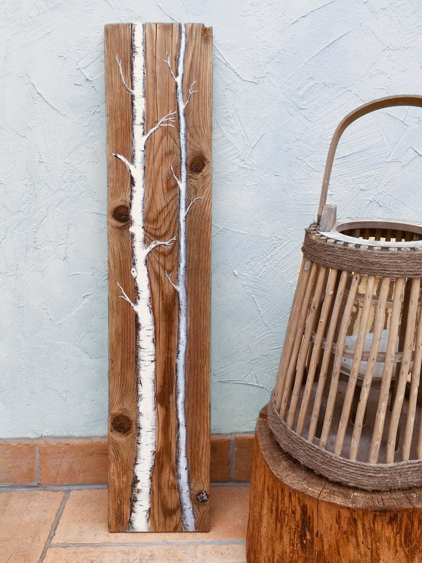 gemalte Birken auf Altholz Brett