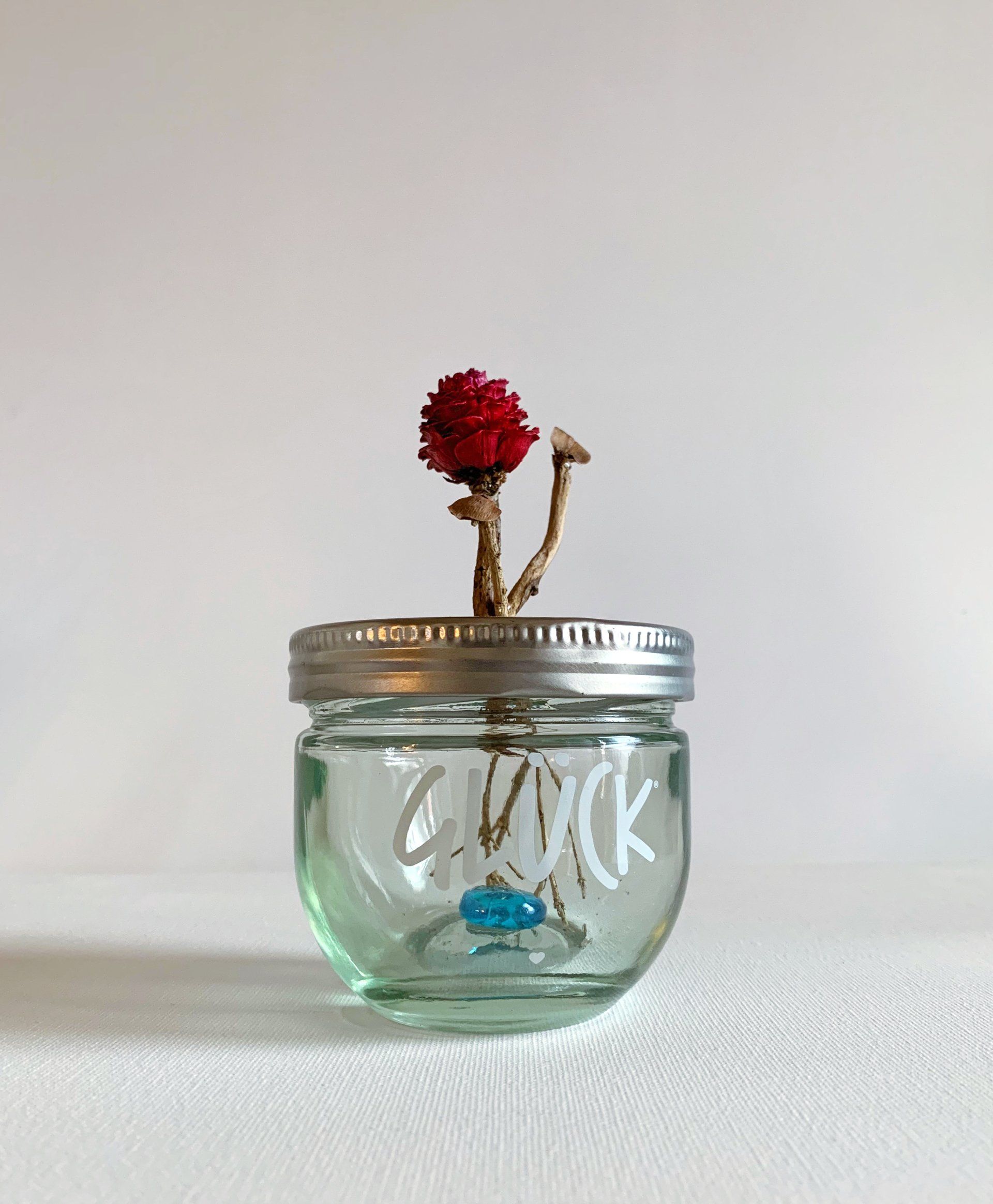 Glück gehabt, Blume wächst aus Marmeladenglas
