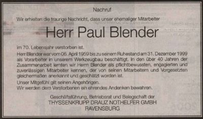 Nachruf Paul Blender Nachruf Paul Blender