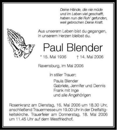 Todesanzeige Paul Blender Todesanzeige Paul Blender