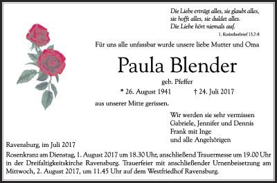 Todesanzeige Paula Blender Todesanzeige Paula Blender