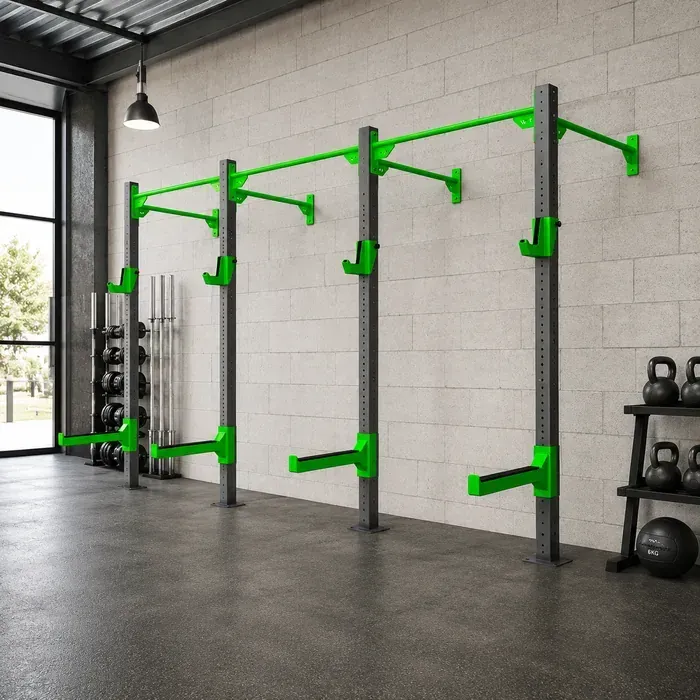 Estación de dominadas y fondos de pared para gimnasio industrial – estructura de entrenamiento funcional y calistenia Toxic Workout en acero con barras verdes y negras