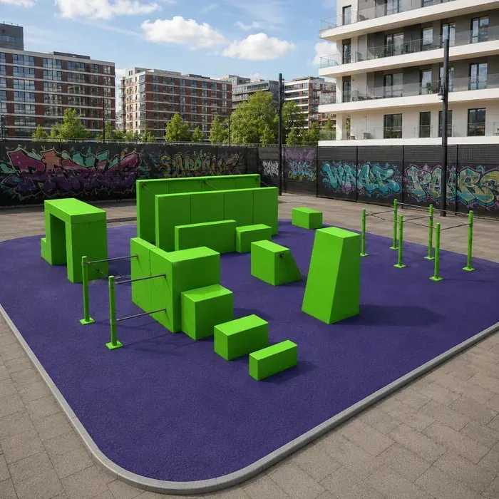 Urban parkour park with continuous rubber safety flooring – obstacle course and bars for ninja training and freerunning by Toxic Workout