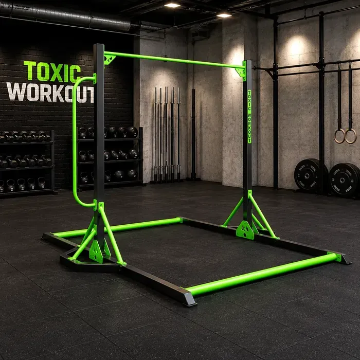 Barra freestyle de calistenia Toxic Workout en gimnasio industrial interior con estructura profesional de entrenamiento
