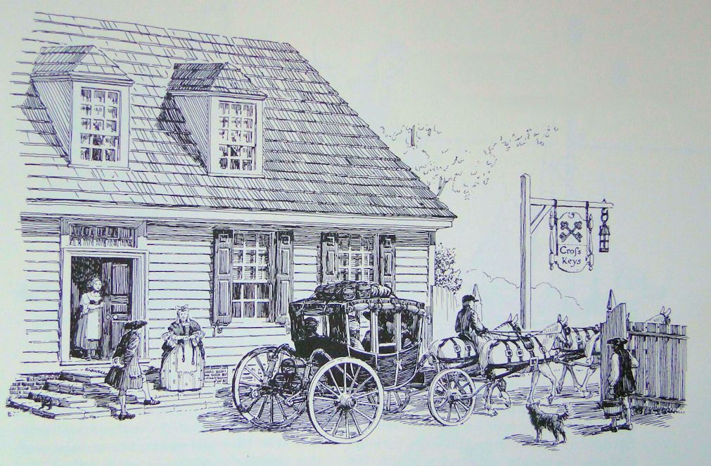 Wooden colonial two story building with a coach outside the door
