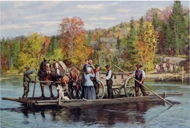 Group of pioneers with horse and buckboard on flatbed boat. Man in the back with long pole pushing boat across river
