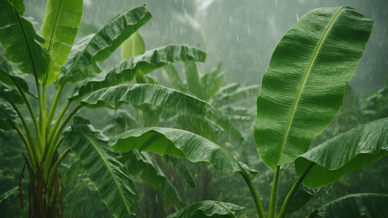 Bananenblätter im Monsunregen, Sri Lanka