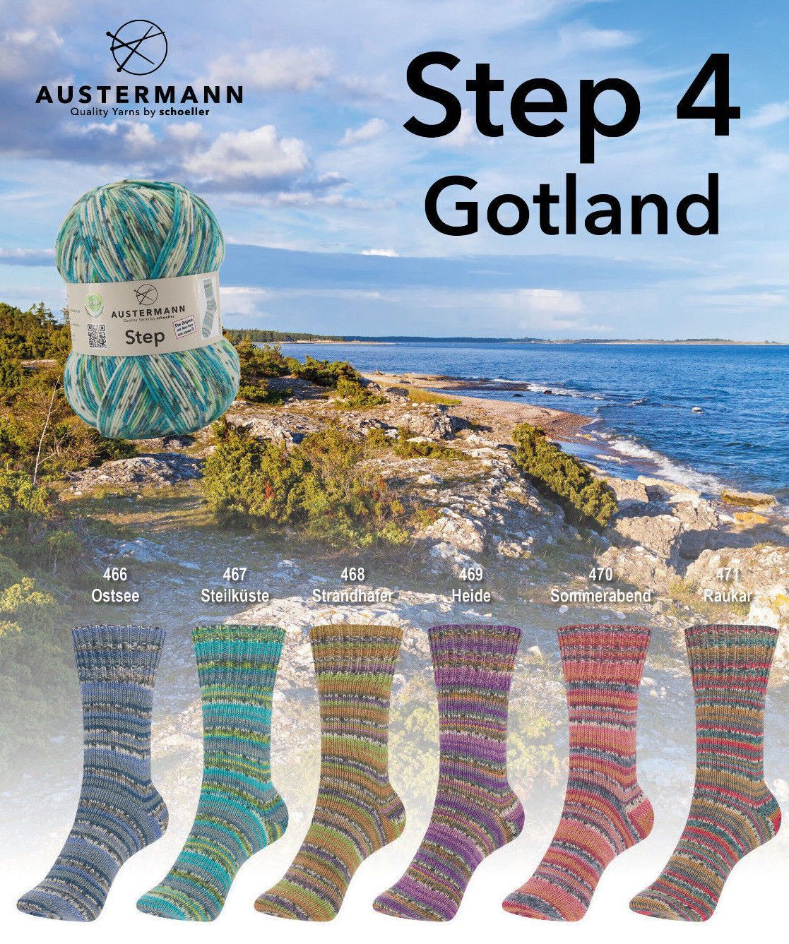 Gotland Step 4-fach Sockenwolle ist EXP Zertifiziert. Dezentes Design mit sehr kurzem Rapport – Farbkombinationen im nordischen Stil.