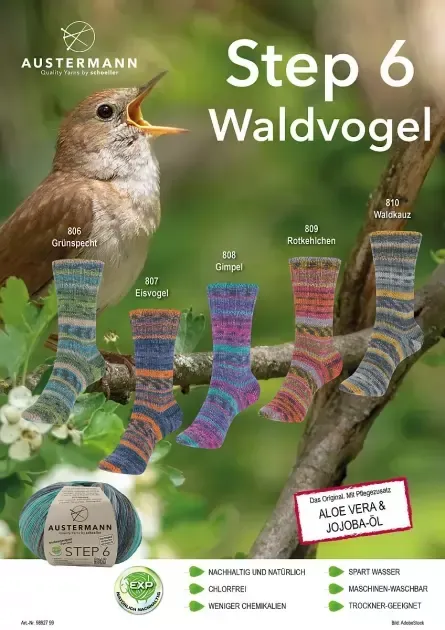 Step 6 von Austermann Wolle eine schöne Qualität, EXP Ausstattung, 150gr Knäuel mit 420 m Lauflänge. Ganz im Farbspiel der Waldvögel.