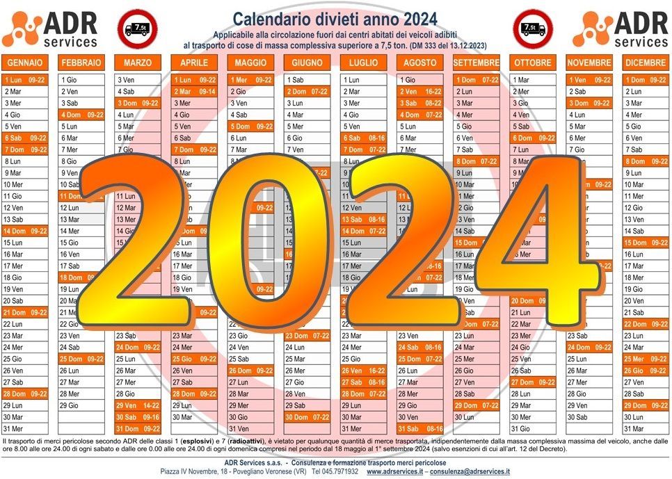 Calendario dei divieti di circolazione per i mezzi pesanti - 2024