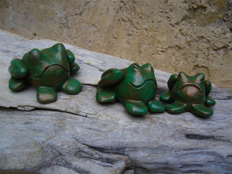 Trois ptites grenouilles Patine vieillie verte & bronze