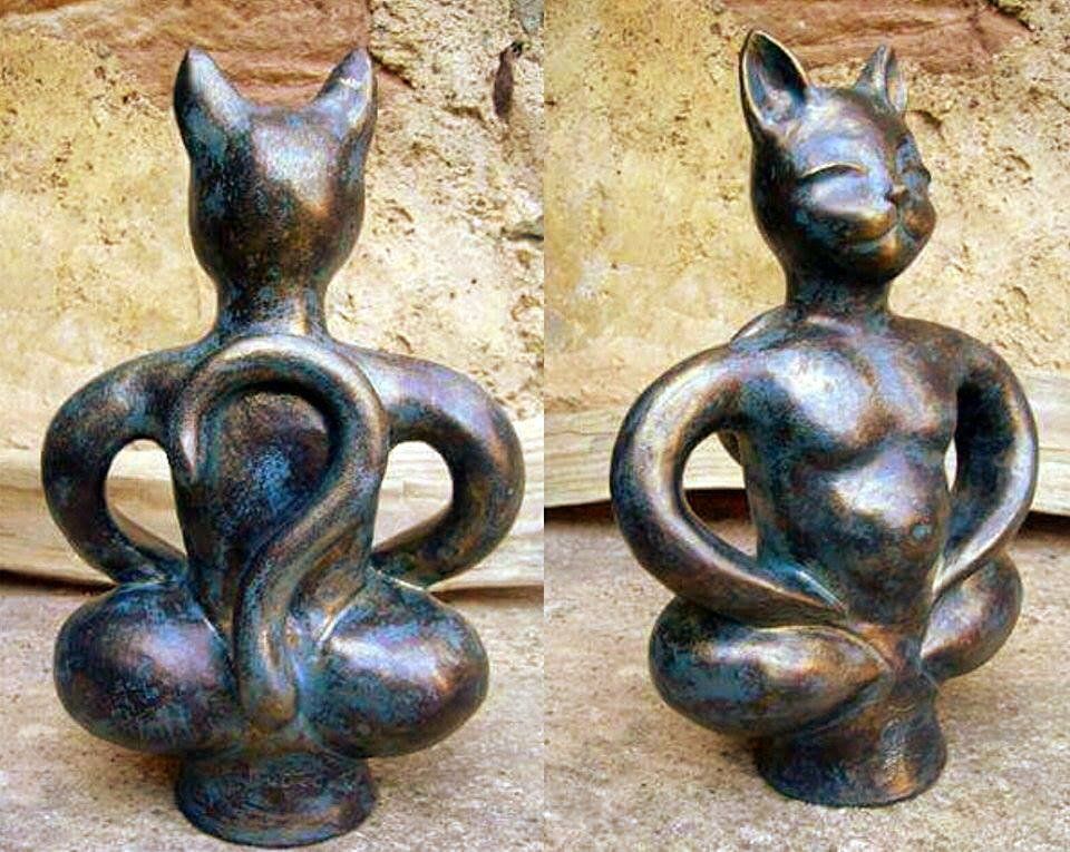 Chat Zen Terre patinée Bronze foncé et or