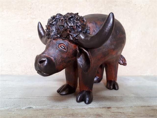 Buffle d'Afrique céramique terre patine bronze & ébène