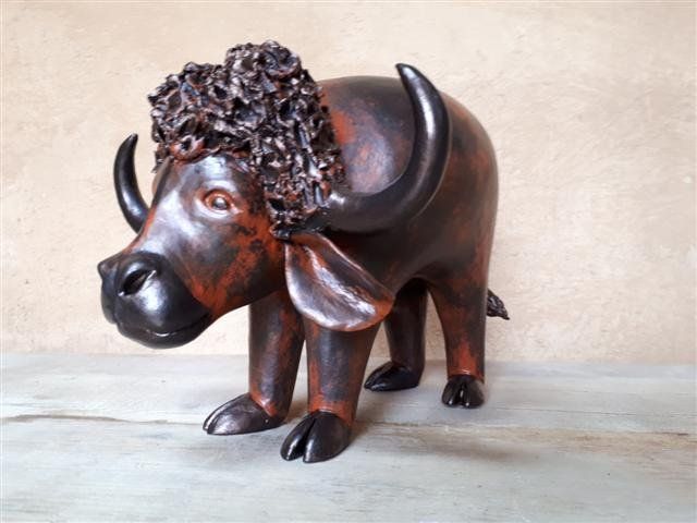 Buffle d'Afrique céramique terre patine bronze & ébène