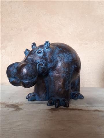 Hippopotame Hippopotamus Sculpture terre cuite  céramique  patine bronze  bleue