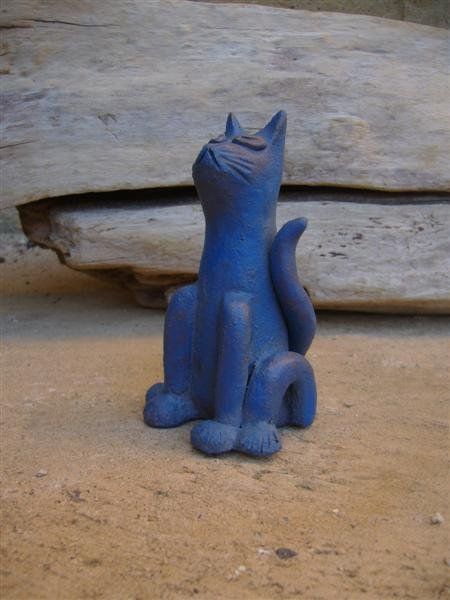Chat Grès Patine Bleue & Bronze