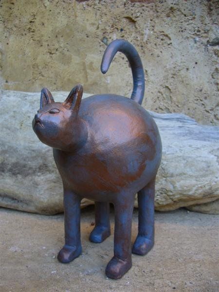 Chat Argile Patine Grise Cuivrée