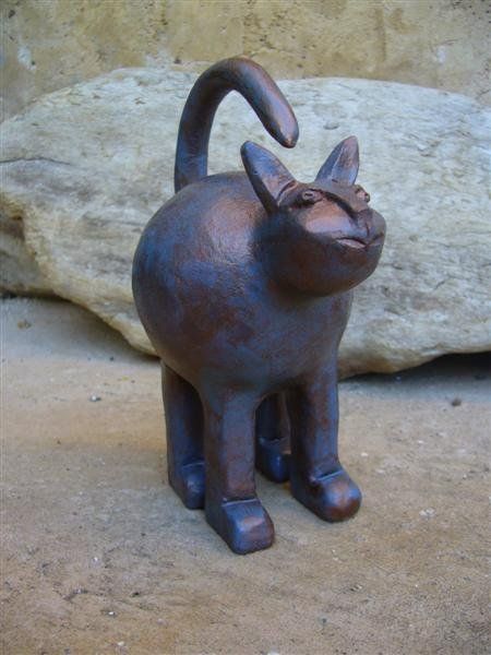 Chat Argile Patine Grise Cuivrée