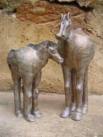 Jument et son poulain Céramique patine métal cuivré