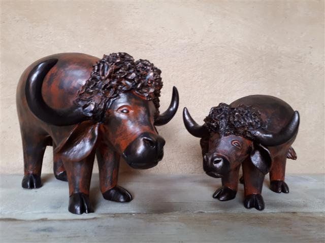 Buffles d'Afrique céramique terre patine bronze & ébène