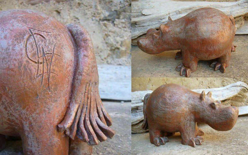 Hippopotame Hippopotamus Sculpture terre cuite céramique patine cuivrée