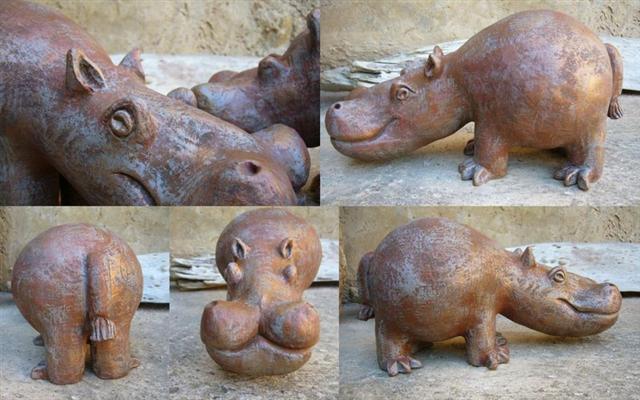 Hippopotame Hippopotamus Sculpture terre cuite  céramique  patine cuivrée