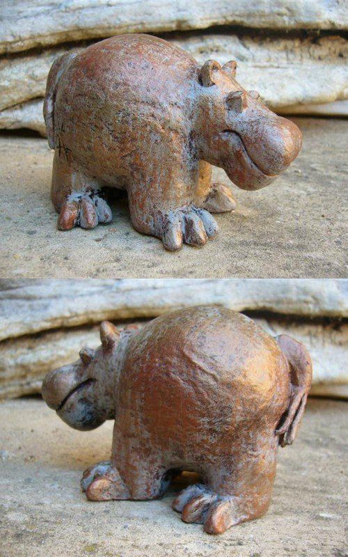 Hippopotame Hippopotamus Sculpture terre cuite  céramique  patine cuivrée